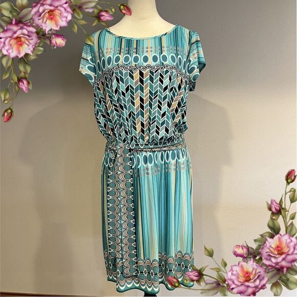 Laundry by Design short sleeve geometric print dress with belt size Large - Picture 1 of 15